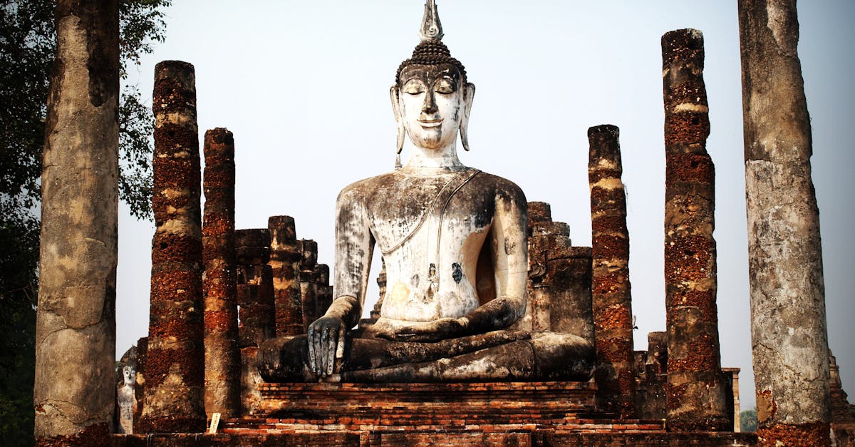 Serene Buddha statue surrounded by ancient pillars in Ayutthaya, Thailand, showcasing timeless beauty and cultural heritage.