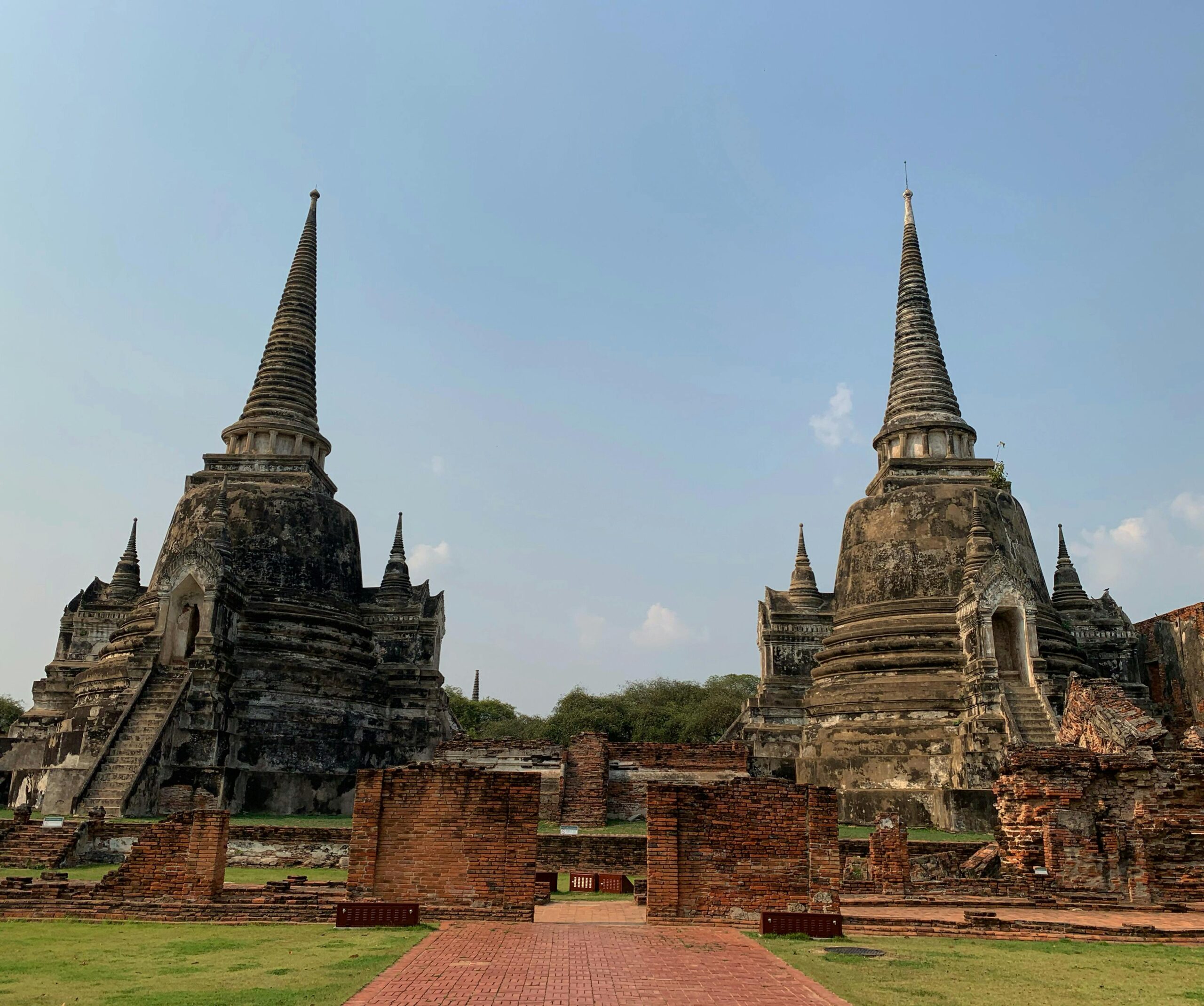 Majestic view of the historic Wat Phra Si Sanphet temple ruins in Ayutthaya, Thailand.